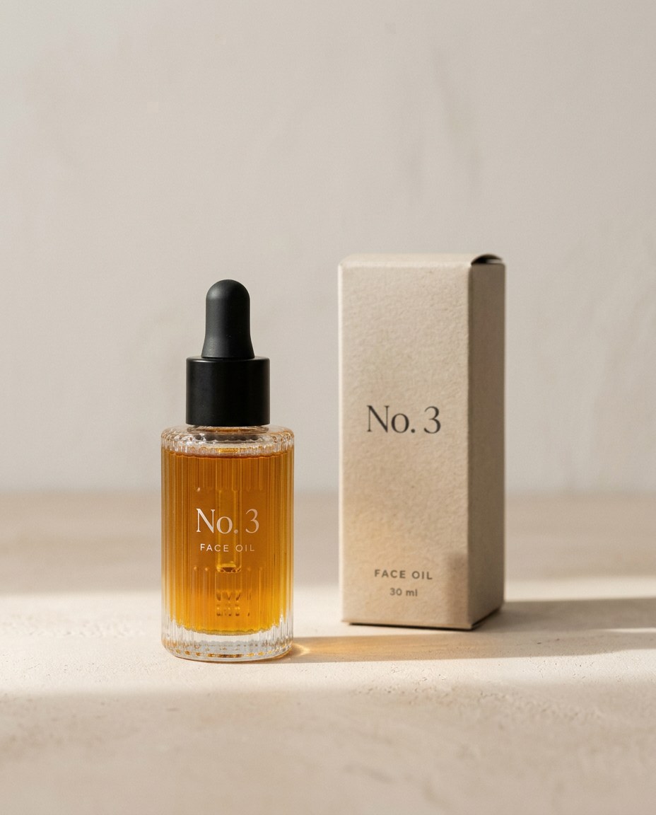 Clean product image of the same No. 3 face oil bottle and carton